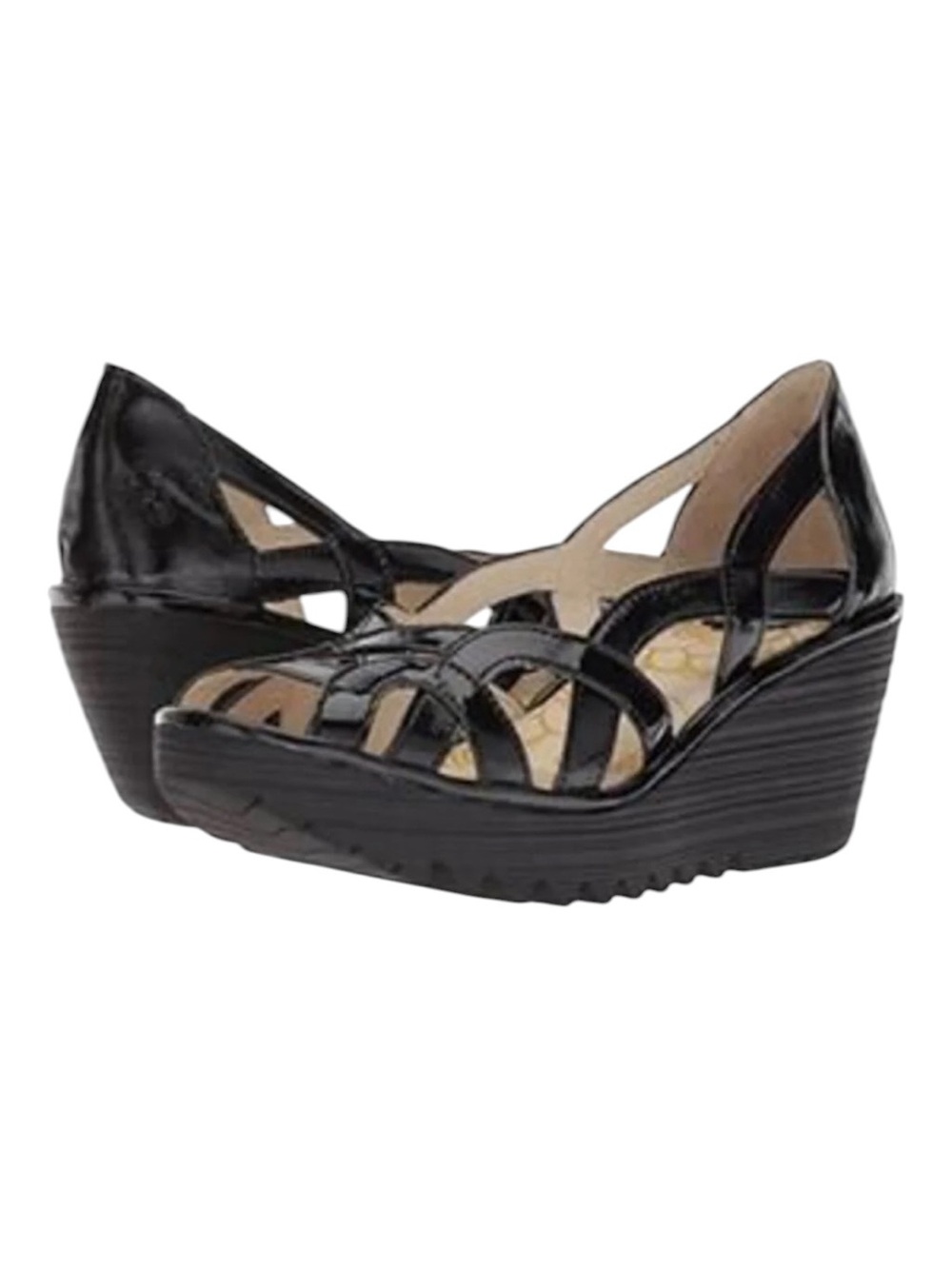 Fly London Yadi Black Patent Leather Cutout Wedge - Size 39